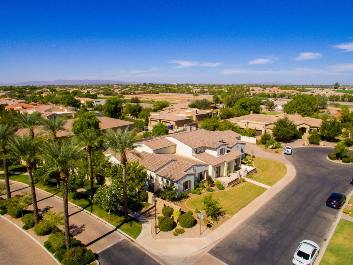 Aerial view of a home palm trees